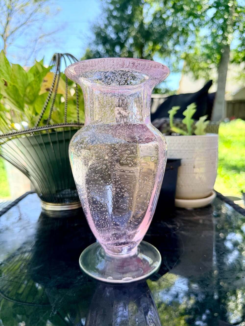 Vintage Handblown Pink Art Glass Vase with Controlled Bubbles